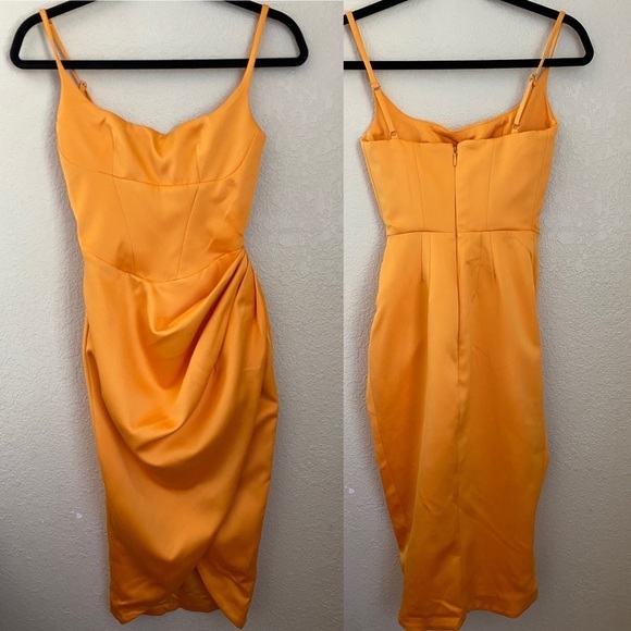 House of CB Bianca Tangerine Satin Pleated Corset Midi Dress orange size XS NWOT - Picture 4 of 15